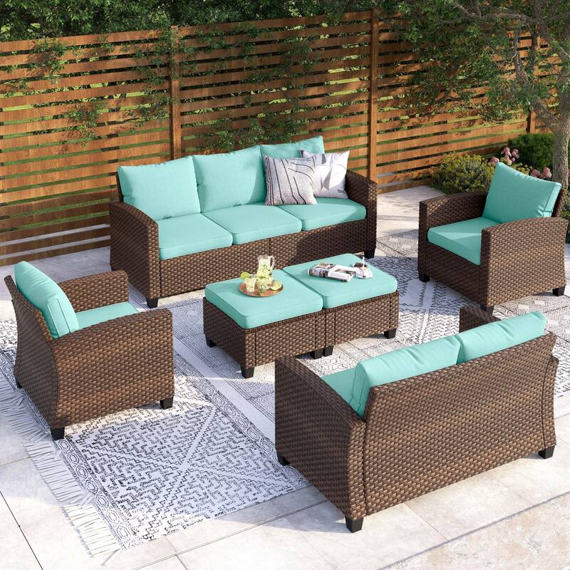 9-Seat Patio Furniture Wicker Rattan Outdoor High-back Sectional Sofa Conversation Set with Firepit Table - 9 Seats - Lake Blue