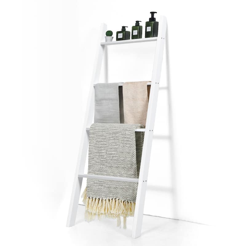 54” Leaning Wooden Blanket Ladder Rack for Storage Decorative Towel Shelf for Bedroom and Bathroom - 20" x 3" x 54" (L x W x H) - White