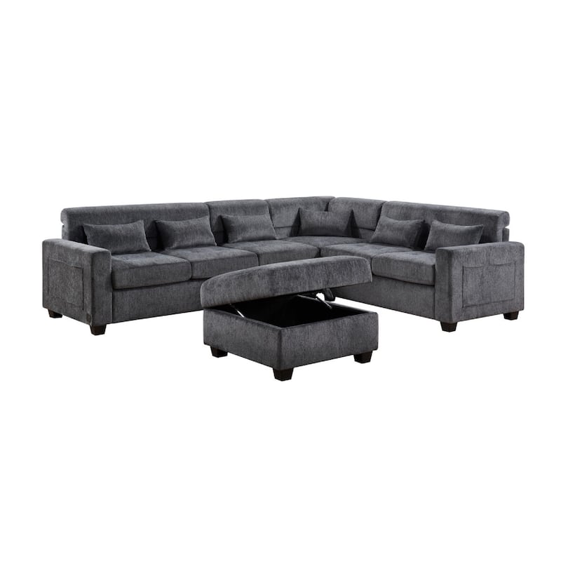 Reyna Sectional Sofa, Ottoman, Adjustable Back, Gray Chenille 115 Inch