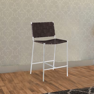 Anx 29 Inch Barstool, Chrome Metal Legs, Brown Faux Leather Band Weaving