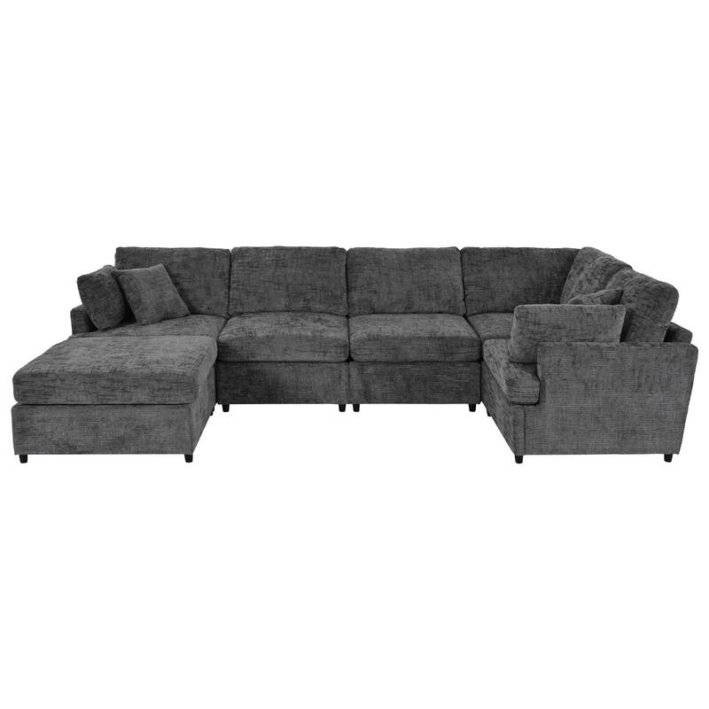 U-Shaped Modular Sectional Sofa with Movable Ottoman, Convertible Deep Seat Corner Couch, Oversized Chenille Fabric 6-Seat Sofa