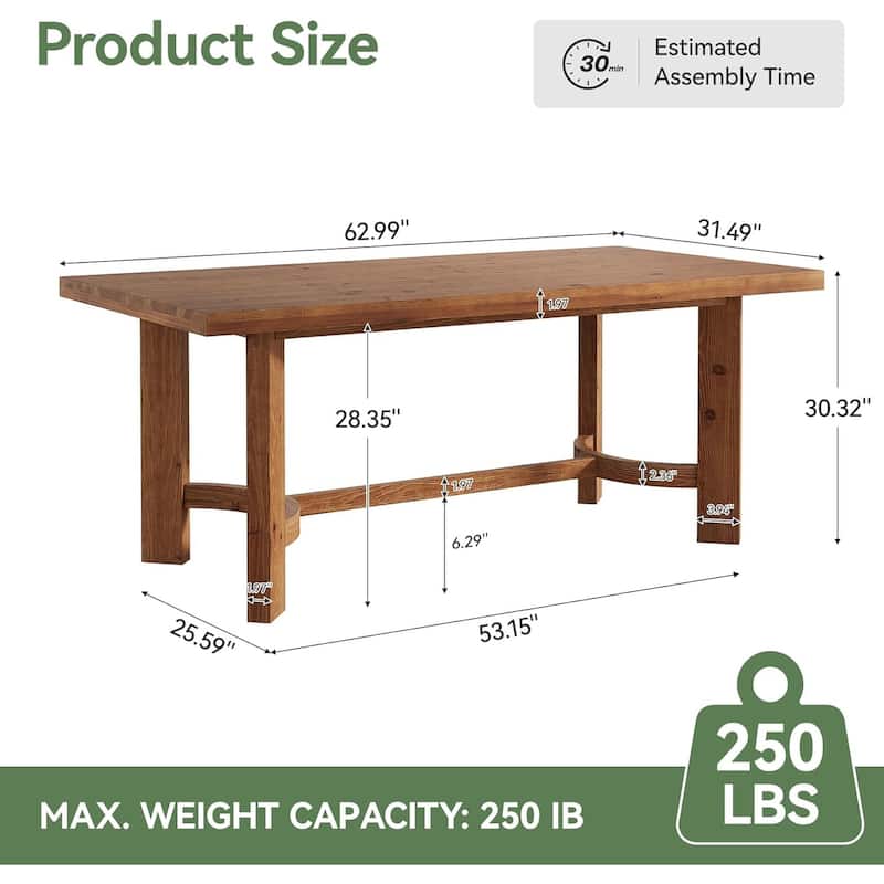 63" Solid Wood Dining Table for 4-6, Farmhouse Rectangle Kitchen Table - Walnut - 63" L × 31.5" W × 29.9" H