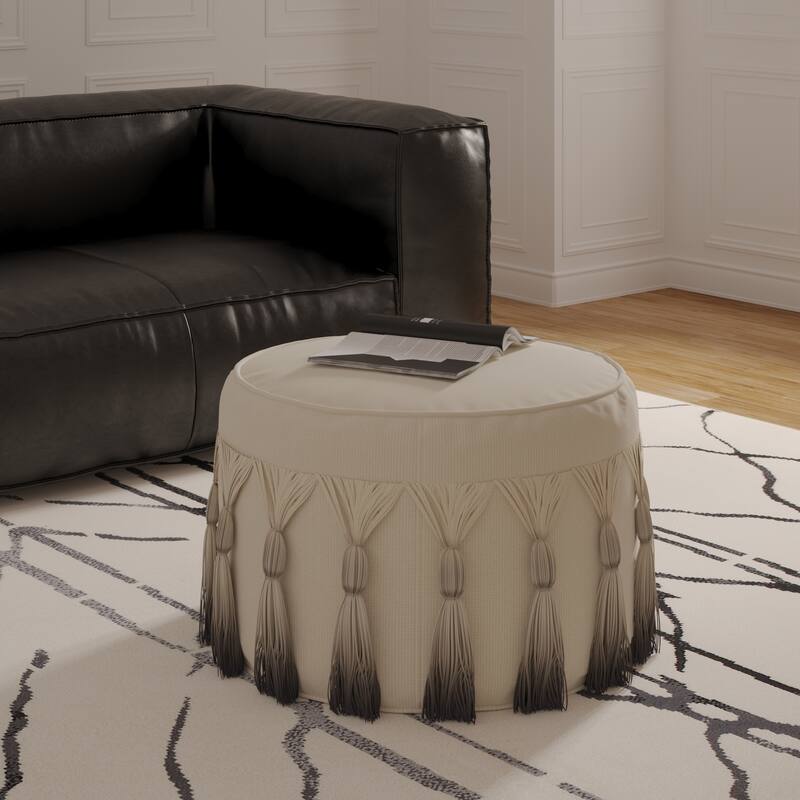 20 Inch Beige Cotton Round Ombre Pouf Ottoman for Living Room and Bedroom - Beige