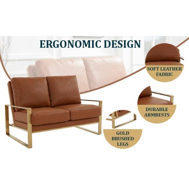 Jefferson Modern Leather Loveseat Gold with Gold Metal Base, Cushion Seating, Pocket Springs, and Protective Floor Pads - 53.1