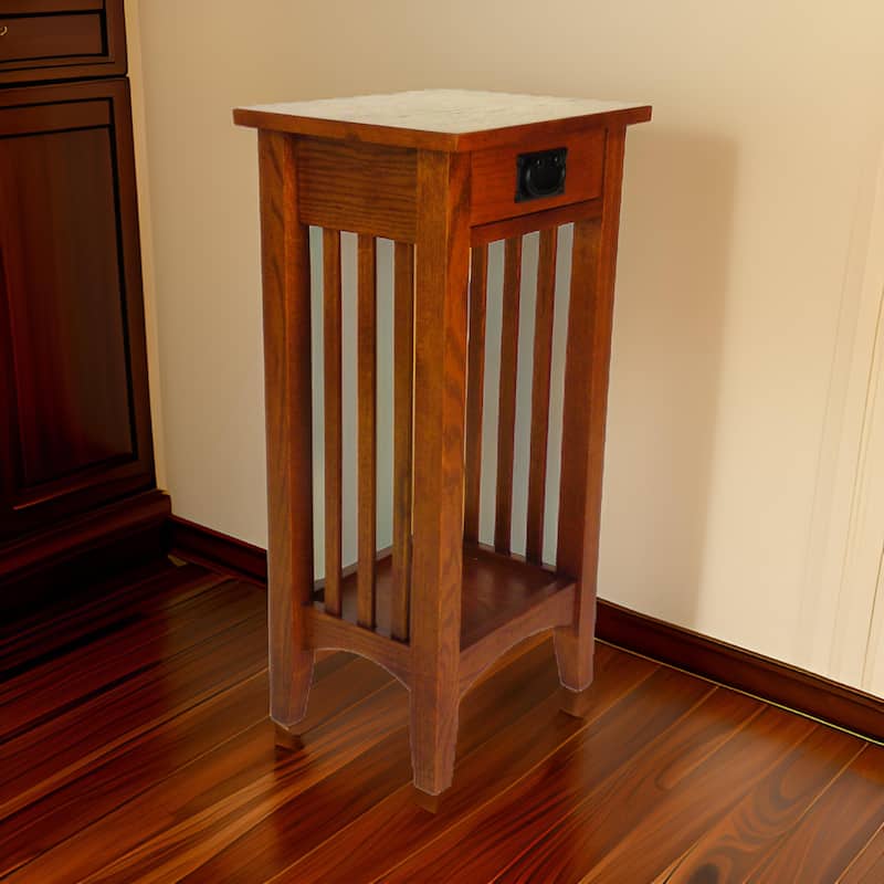 Wooden Pedestal Stand with 1 Drawer and Open Bottom Shelf, Oak Brown