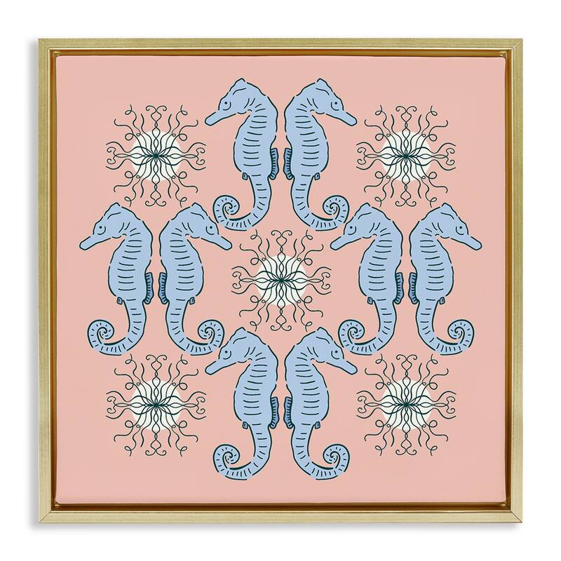 Stupell Symmetrical Coral Seahorse Pattern Framed Floater Canvas Wall Art Design By Sazerelli Designs - 18 x 18 - Gold