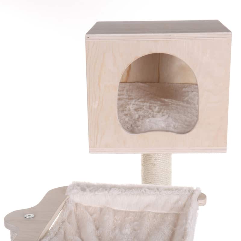 Real Wood Premium Scots Pine 89-Inch Cat Tree with Seven Levels, Two Playhouses - Natural Beige