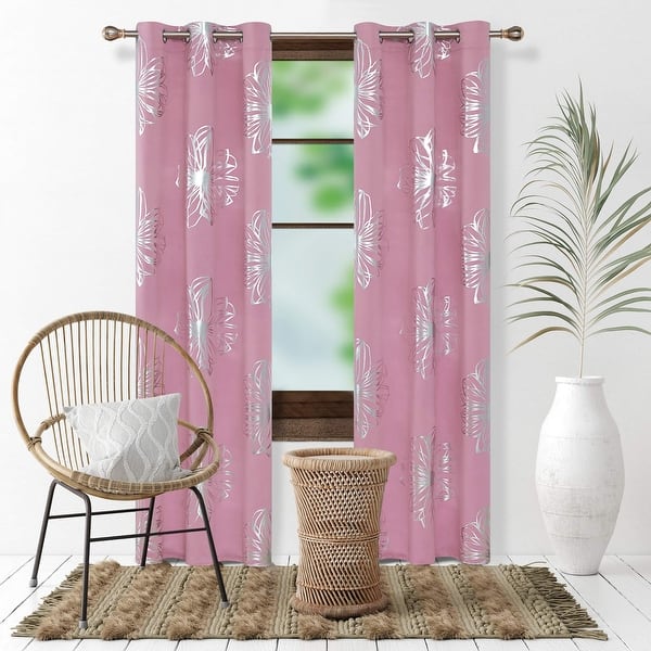 slide 2 of 16, Flower Foil Printed Room Darkening Drapes for Girl's Bedroom 2 Panels 42W x 45L - Pink