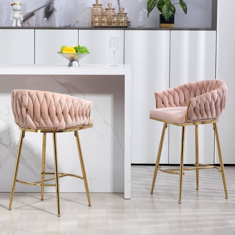 (Set of 1) 26" Velvet Counter Height Bar Stool with Wave Back, Golden Chrome Base and Footrest
