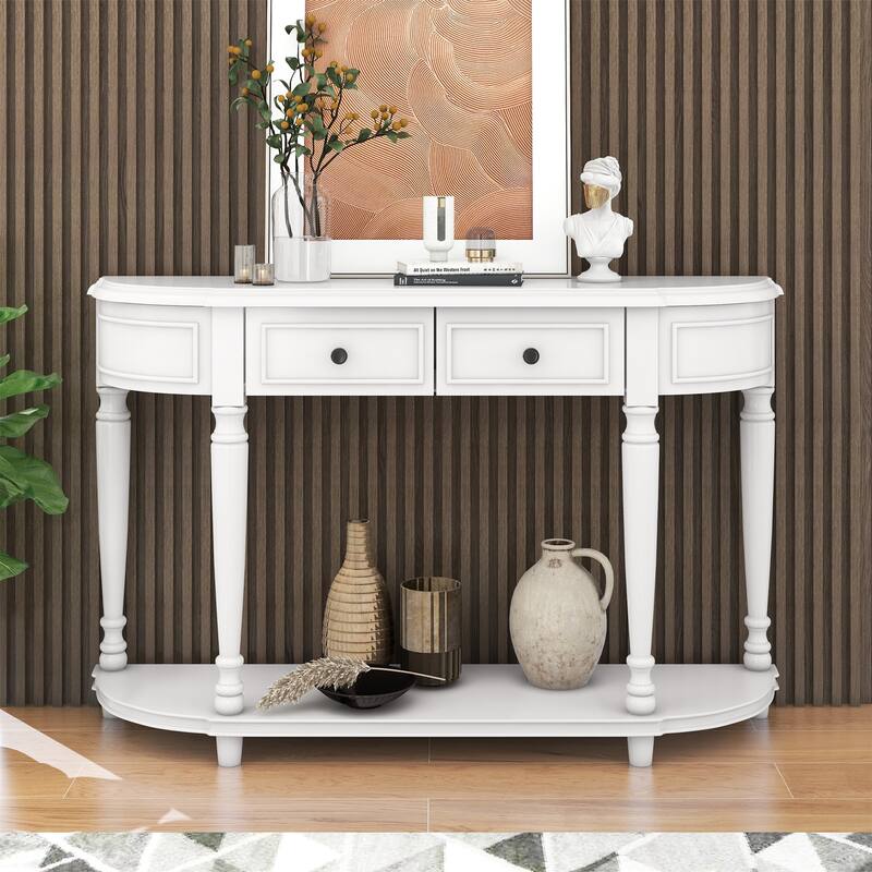 Retro Circular Curved Design Console Table with Open Style Shelf - Antique White