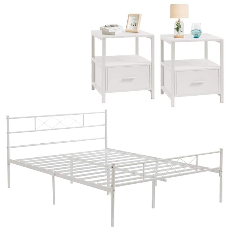 VECELO Industrial 3-Piece Bedroom Set Metal Bed Frame with Headboard and Modern Nightstand Set of 2