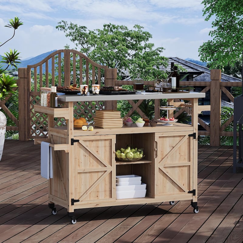 Outdoor Prep Table Grill Cart with Storage Cabinet for Patio BBQ - Natural