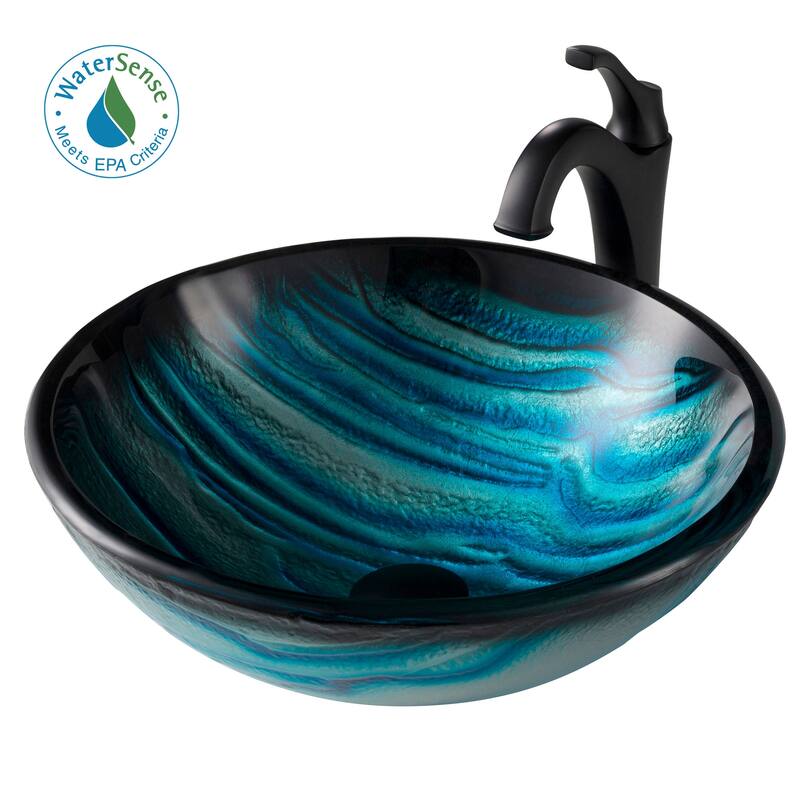 Kraus Arlo & Glass 17" Glass Vessel Bathroom Sink with 1.2 GPM Deck - Matte Black