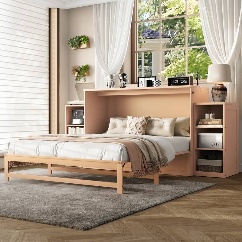 Roomfitters Murphy Bed with Storage Drawers and Shelves, Solid Wood Wall Bed Cabinet - Golden - Queen