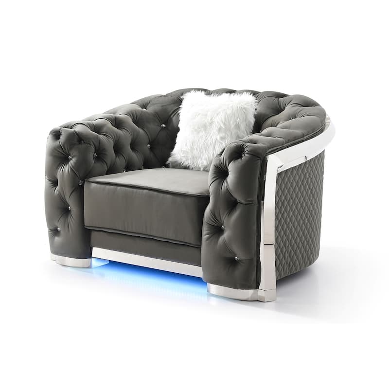 Diamond Quilted Tufted Jeweled Accent Chair with LED Light - 52" - Gray