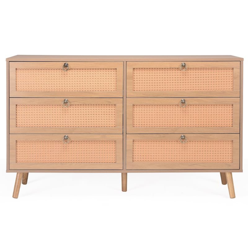 PE Rattan Double Dresser with 6 Drawers, Chest of Drawers Bedroom Storage Organizer