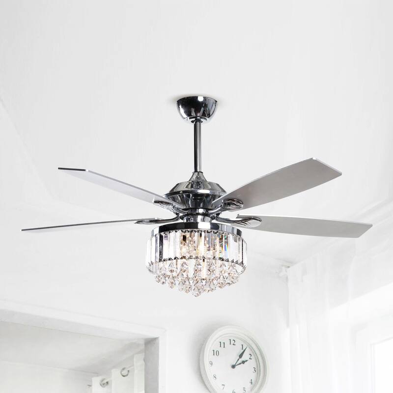 Modern Chrome 5-Blades Crystal Chandelier Ceiling Fan with Remote - 52 Inches