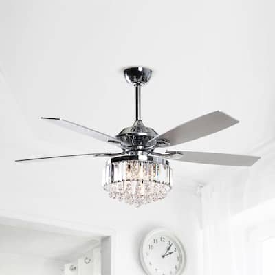 Modern Chrome 5-Blades Crystal Chandelier Ceiling Fan with Remote - 52 Inches