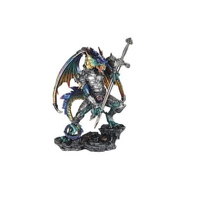 Q-Max 12"H Blue and Green Dragon with Armor and Sword Statue Fantasy Decoration Figurine