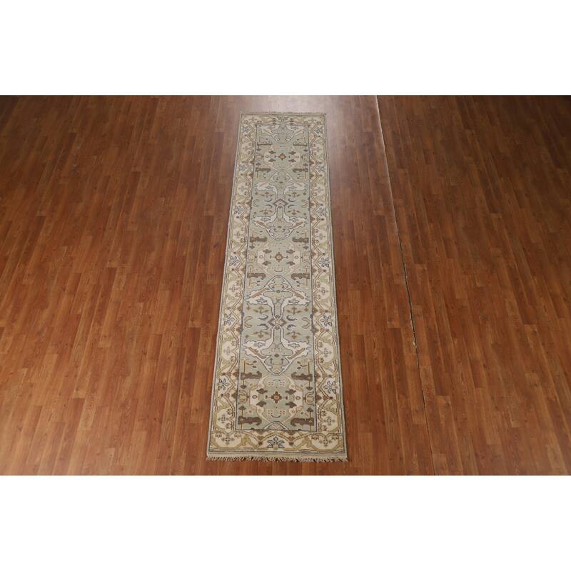 Green Oushak Oriental Runner Rug Handmade Floral Wool Carpet - 2'7"x 10'1"