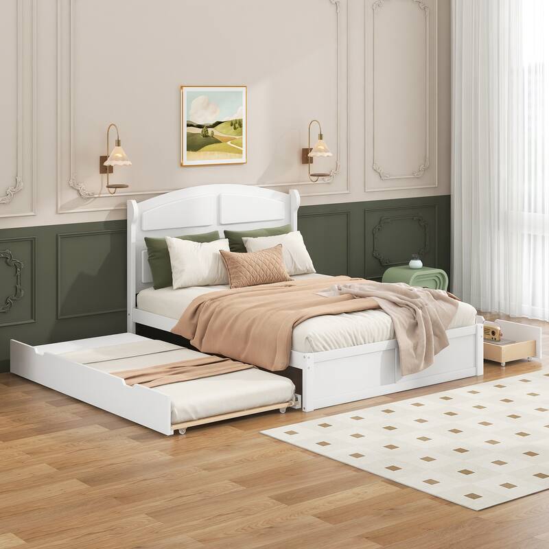 Classic Wood Queen Size Platform Bed with Twin Size Trundle and 2