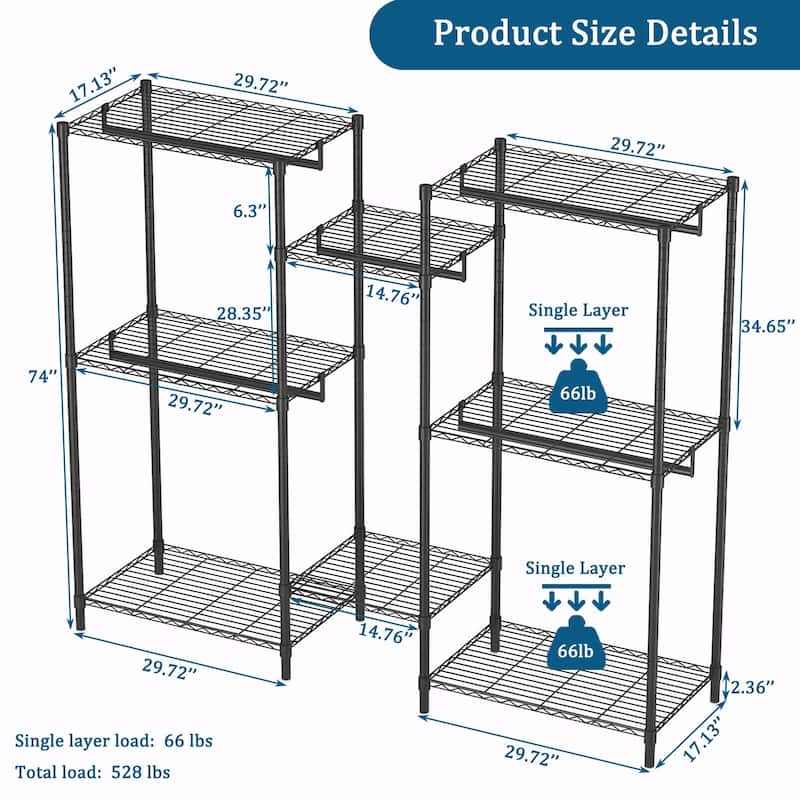 Heavy Duty Garment Rack，Clothes Rack with 8 Adjustable Wire Shelves and 5 Clothes Rails
