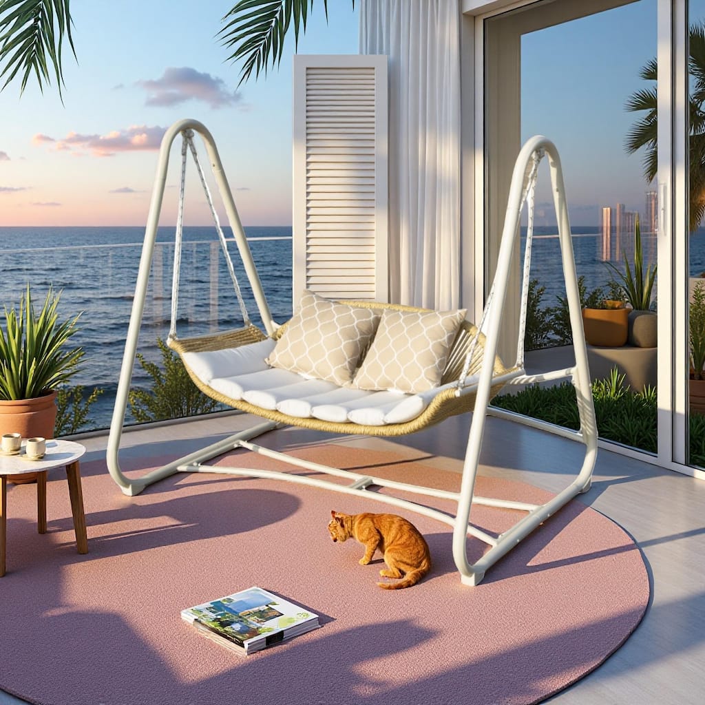 Steel Frame 2-Seat Porch Swing with PE Rattan Weave, 750lb Capacity and Thickened Cushions