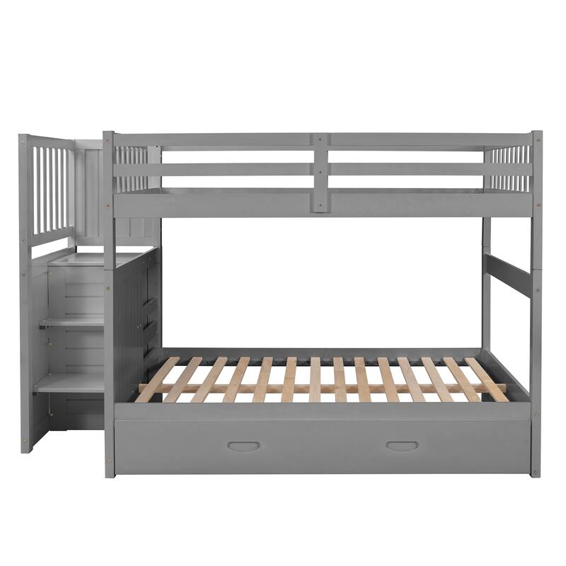 Full Over Full Size Bunk Stairway Bed with Twin Size Trundle and Storage Drawers, Solid Wood Detachable Bunkbed Bedframe