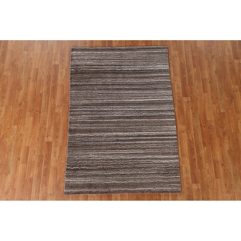 Brown Striped Gabbeh Contemporary Wool Area Rug Handmade - 4'0" x 5'11"