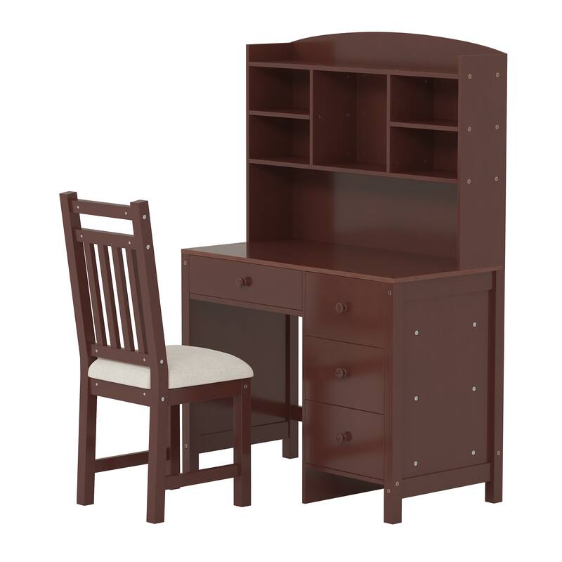 40" Home Executive Desk and Chair Set with 4 Drawers, Retro Computer Desk Office Table Study Desk with Storage Bookshelf