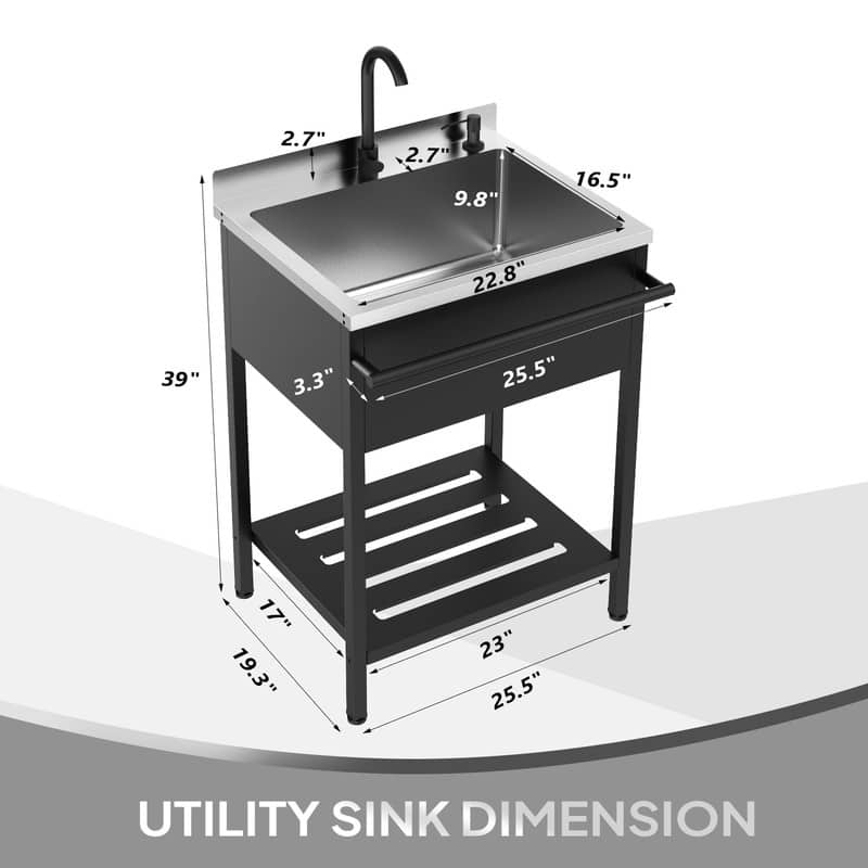 25.7 In. Freestanding Stainless Steel Utility Sink With Towel Rack And Storage Shelf