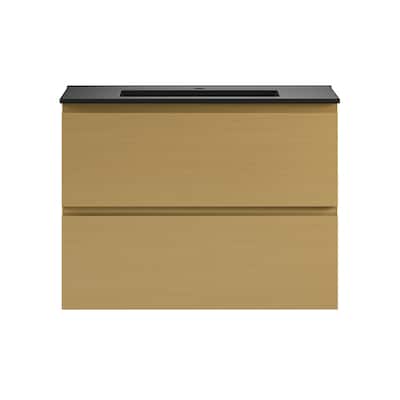 Liberte 30" Wall-Mounted Bathroom Vanity In Natural Oak With Black Sink Top - 30