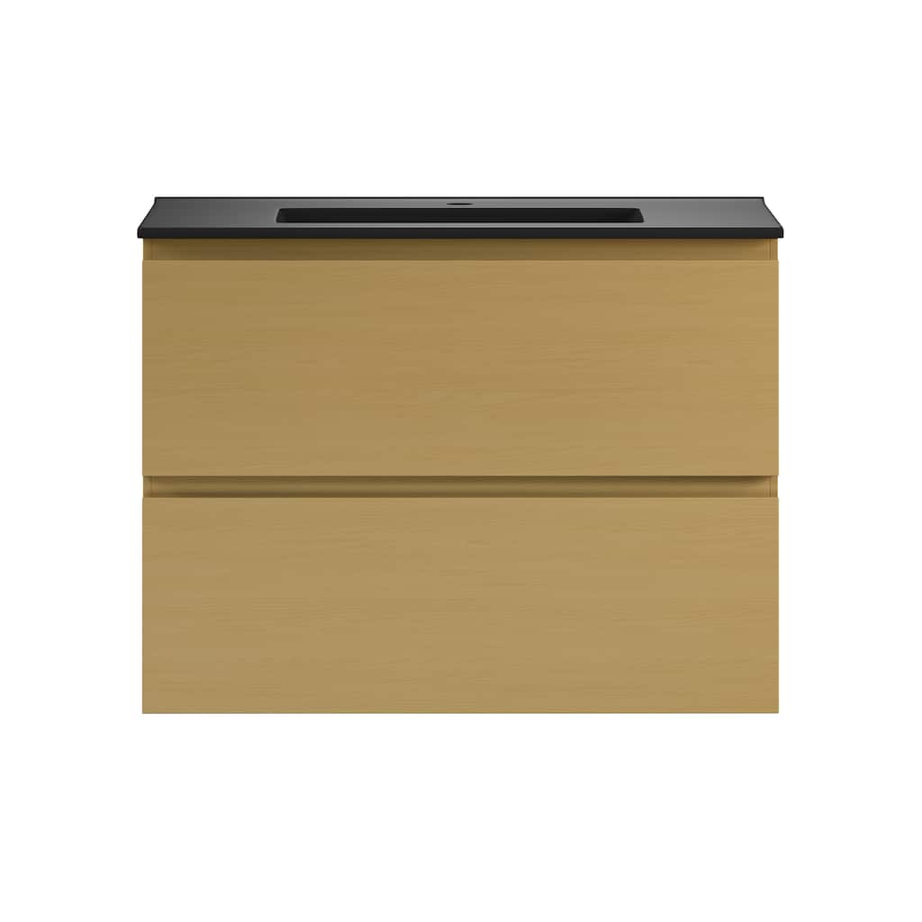 Liberte 30" Wall-Mounted Bathroom Vanity In Natural Oak With Black Sink Top - 30