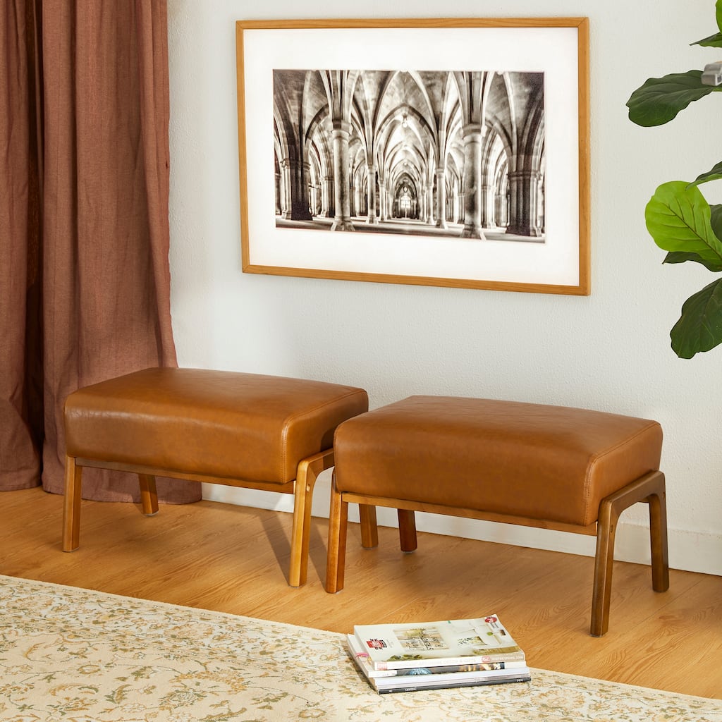 Glitzhome Set of 2 Mid-century Leatherette Ottoman Accent Stools