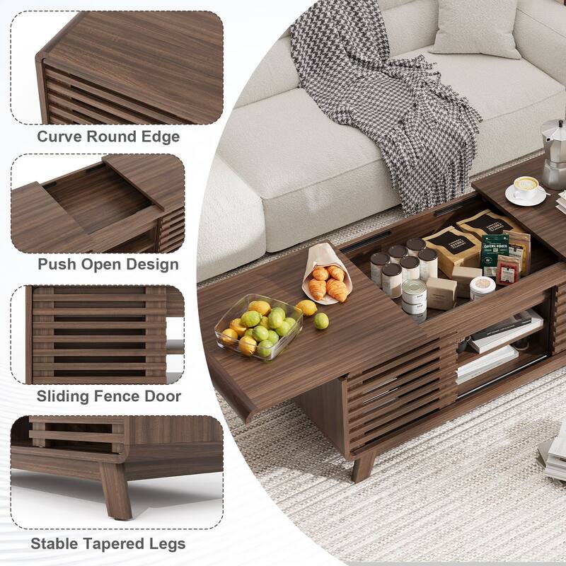 Gymojoy 47" Mid Century Modern Coffee Table with Sliding Door Storage, Walnut Center Table
