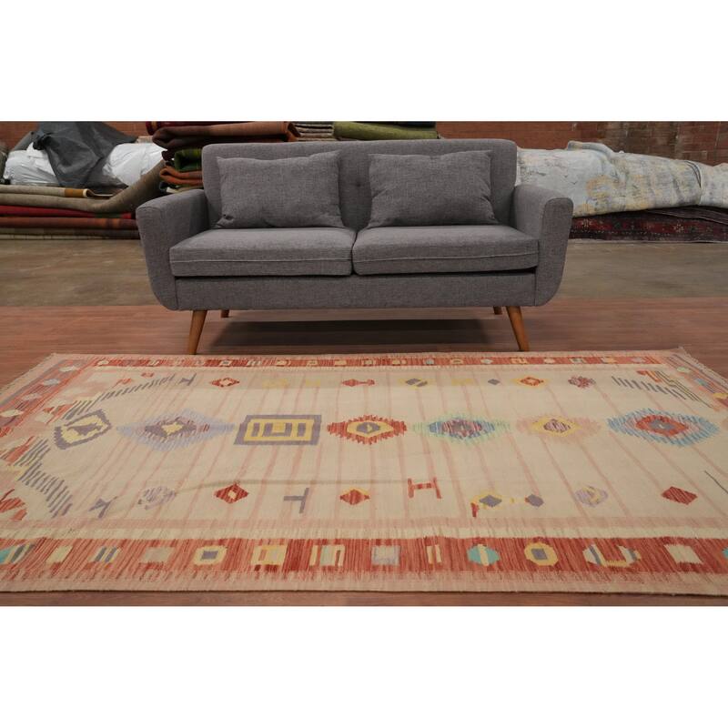 Hand Woven Oriental 100% Wool Carpet Southwestern Tribal Beige & Ivories Kilim Area Rug - 8' 3'' X 4' 11''