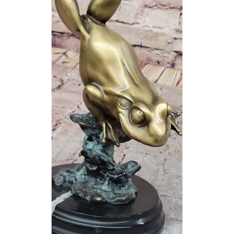 Hot Cast Bronze Leaping Frog W/ Gold Patina On Marble Base - Original Art By Milo