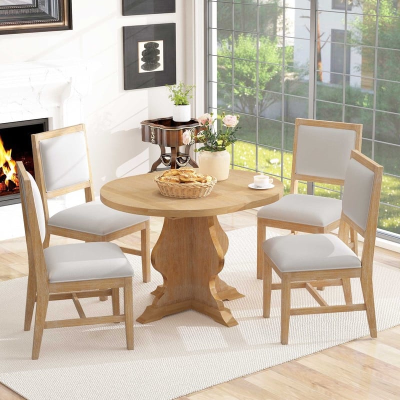 Farmhouse 5-Piece Dining Table Set with Upholstered Chairs and Extendable Dining Table for Dining Room, Kitchen and Living Room