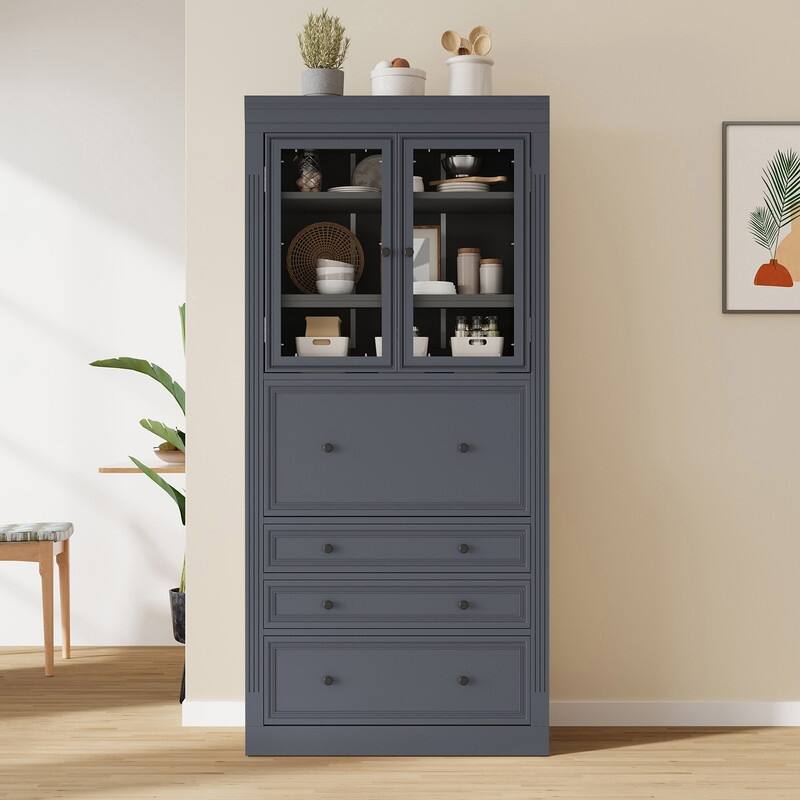 Freestanding 78" Tall Kitchen Pantry Storage Cabinet with Drop-Down Surface and Adjustable Shelves,Power Outlet for Organization - Grey