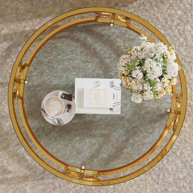 Glass Coffee Table Round Living Room Table, Luxurious Storage Table with Lower Shelf, 30.7" Center Table with Tempered Glass Top