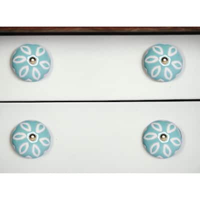 HomeRoots Set of Eight Turquoise And White Ceramic And Metal Drawer Pull Knobs - 1.5' X '1.5' X '1.5