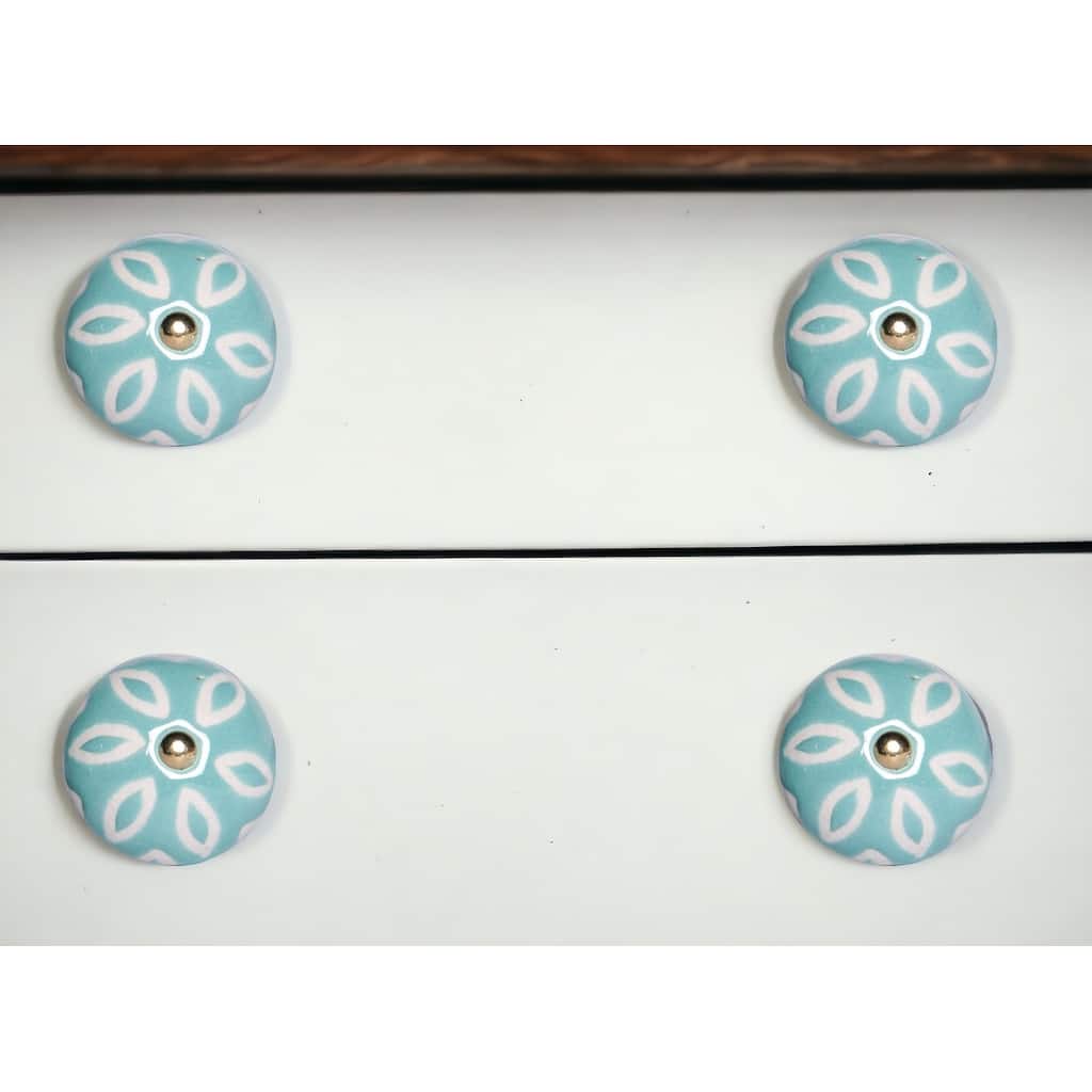 HomeRoots Set of Eight Turquoise And White Ceramic And Metal Drawer Pull Knobs - 1.5' X '1.5' X '1.5