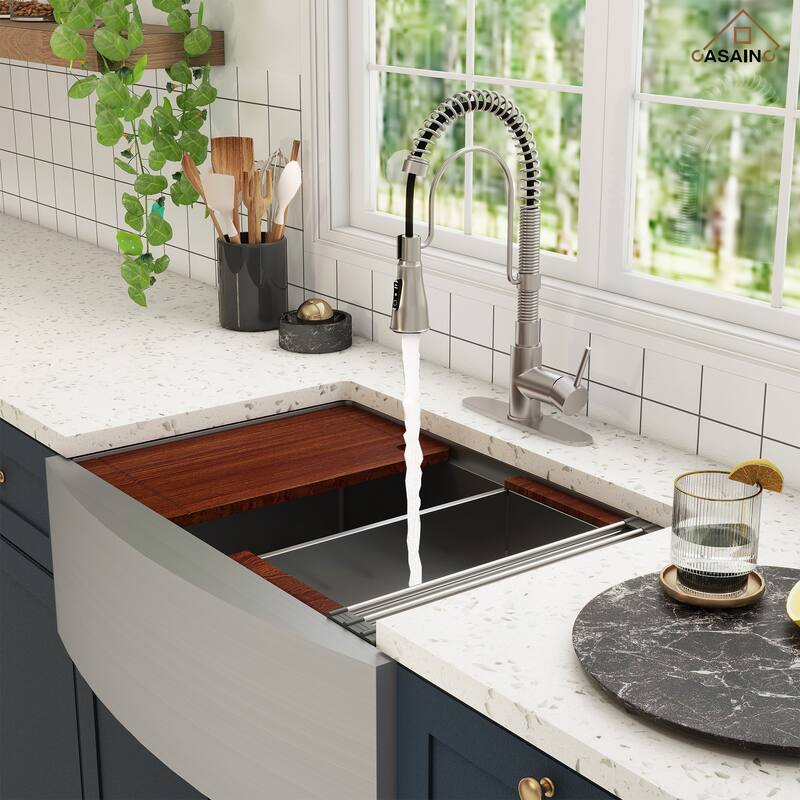 All-in-One Farmhouse/Apron-Front Single Bowl 16 Gauge Stainless Steel Workstation Kitchen Sink with Accessories and Faucet Sets