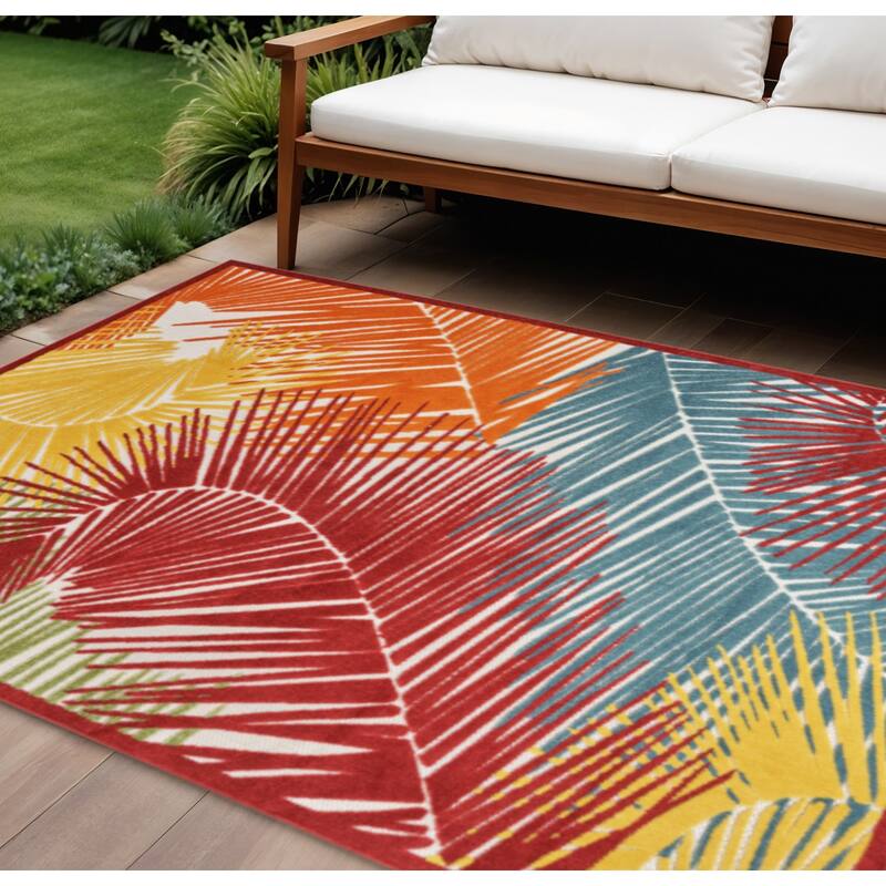 HomeRoots Palm Leaf Contemporary Rectangle Outdoor Rug - 10' X 13' - Orange/Yellow/Red - 10' X 13'