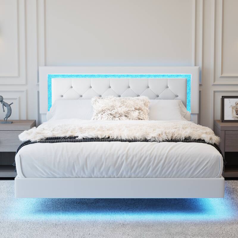 Upholstered Platform Bed PU Leather Floating Bed Frame with LED Lights&Diamond Tufted Headboard/No Box Spring Needed/Noise Free