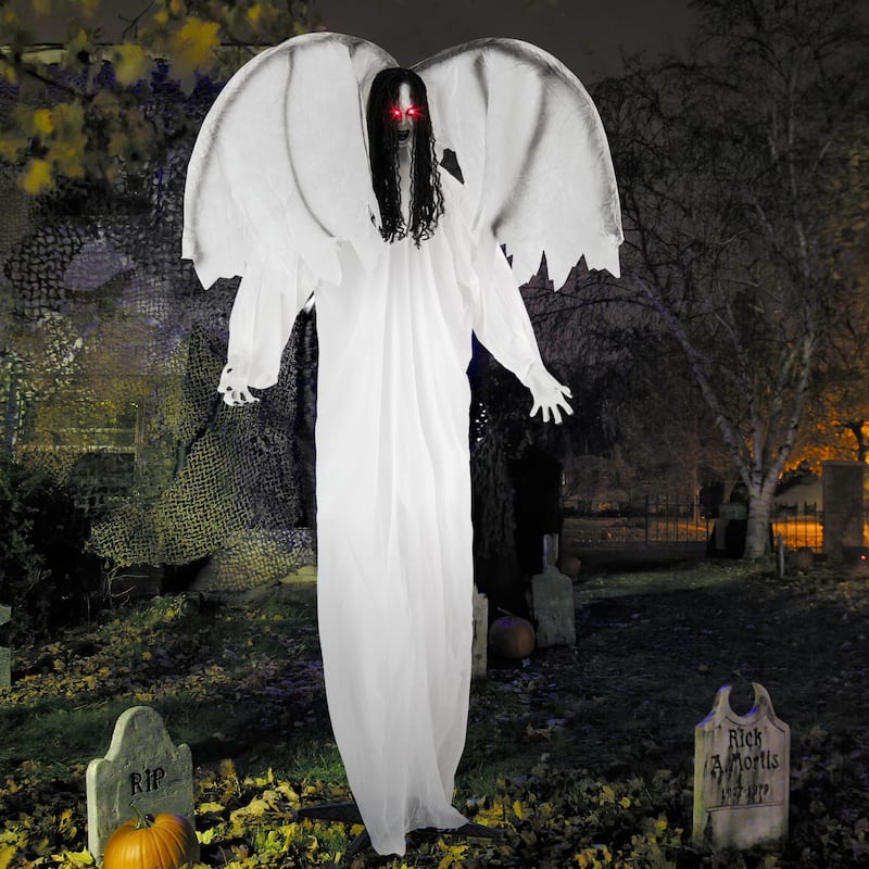 White Metal Fabric Animated Halloween Angel Prop with Wings and Sound