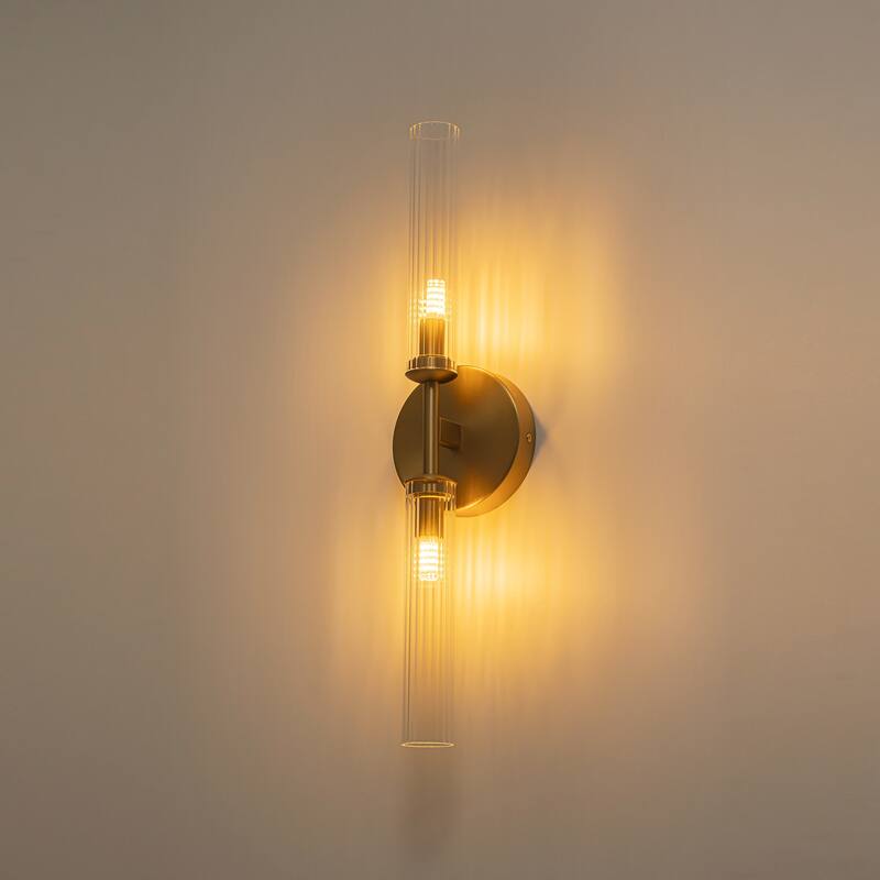 2-Light Mid-Century Modern Brushed Gold/Matte Black Finish Linear Vanity Light with Clear Striped Glass for Bathroom