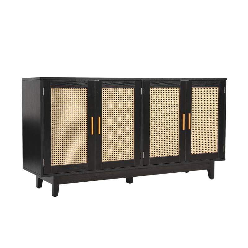 Modern 4 Door Wood Rattan Buffet Sideboard Storage Cabinet