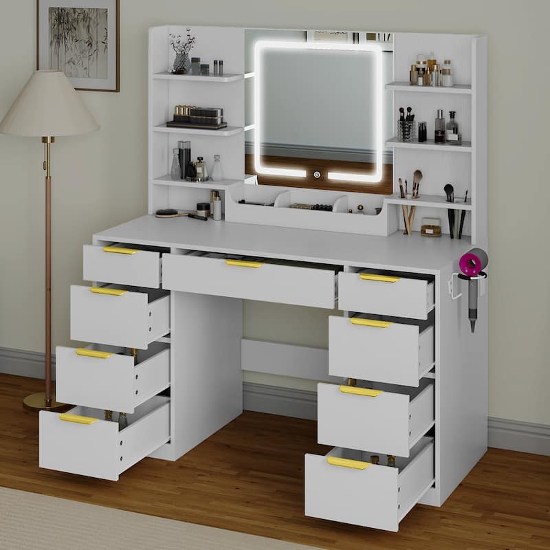 Moasis 9 Drawers Bedroom Vanity Desk,Makeup Vanity with Lighted Mirror and 9 Open Shelves