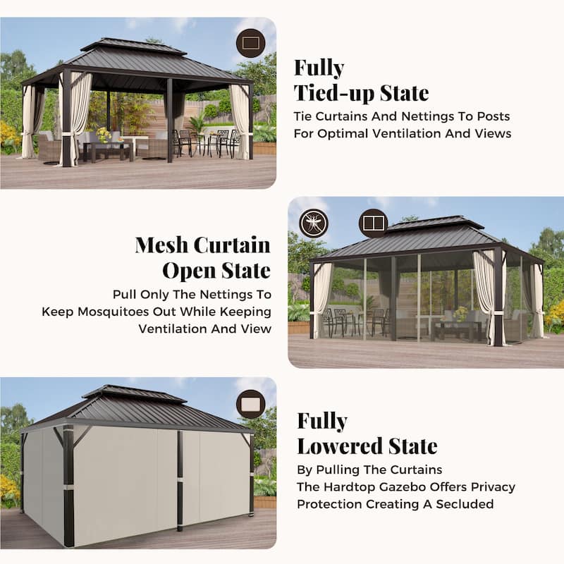 MAISON ARTS 14x20' Hardtop Aluminum Galvanized Steel Double Roof Gazebo with Netting & Curtains